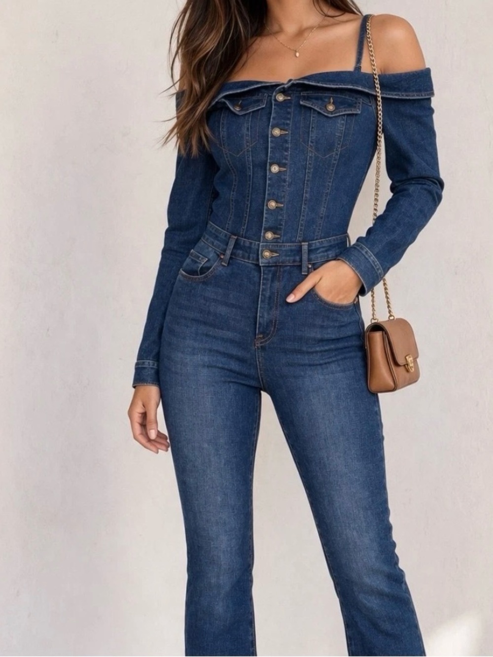 VENUS Dark Blue Off-Shoulder High-Rise Denim Jumpsuit